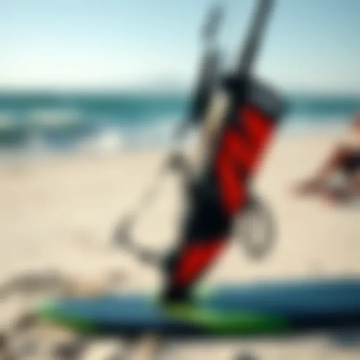 Essential Gear: Foil Kiteboarding Equipment Showcase Close-up of advanced foil kiteboarding gear on the beach