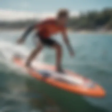 A serene coastal scene featuring motorized foil surfboards in action