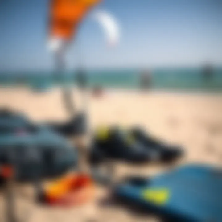 Essential Kiteboarding Gear on the Beach Close-up of kiteboarding gear laid out on the sand, showcasing essential equipment for riders