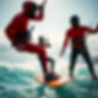 Kiteboarding enthusiasts in action with wetsuits