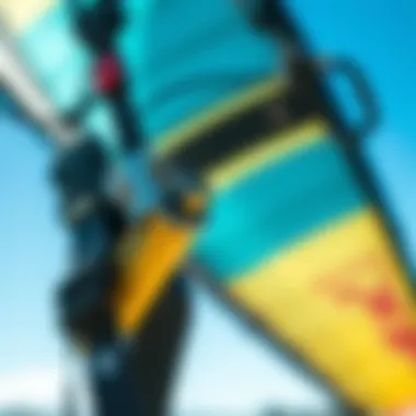 Close-up of a harness securely attached to a trainer kite.