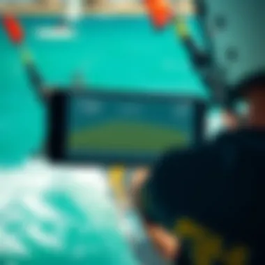 Kiteboarding with Real-Time Data Kiteboarder riding the waves with a smartphone displaying wind data