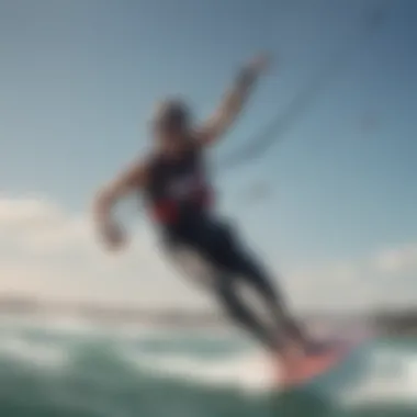 A dynamic kiteboarding scene featuring a rider skillfully using a wing board on water