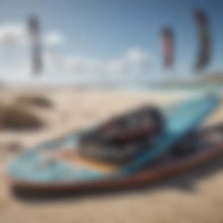 A close-up of high-quality kiteboarding equipment laid out on the beach