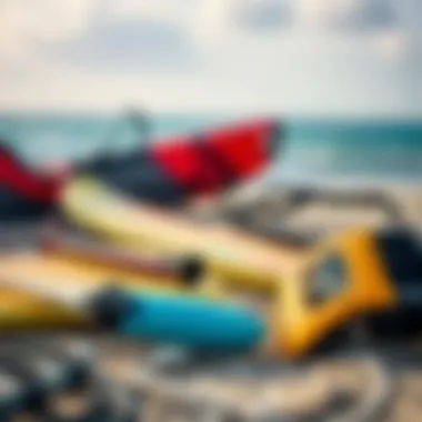 Essential Kiteboarding Gear A close-up of kiteboarding gear laid out on the beach