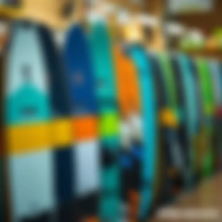 A group of kite foil boards displayed in a vibrant retail environment