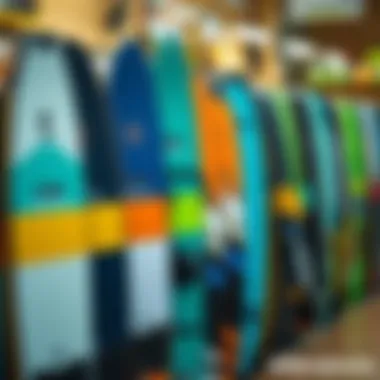 Vibrant Retail Display of Kite Foil Boards A group of kite foil boards displayed in a vibrant retail environment