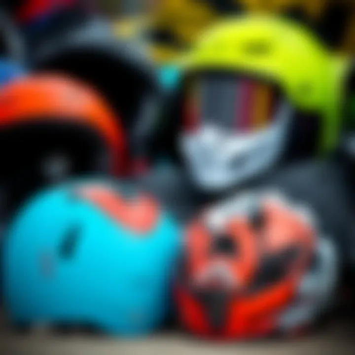 Different styles of kite helmets displayed together highlighting variety.