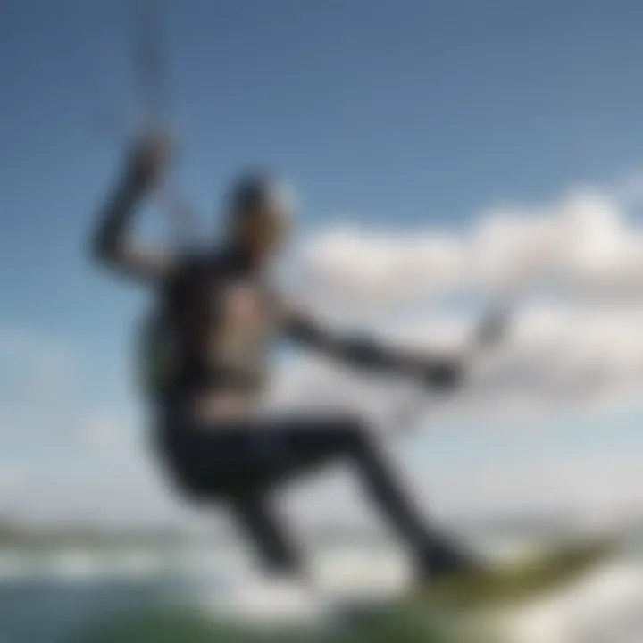 A close-up of a professional kiteboarder executing advanced techniques