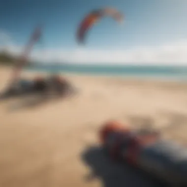 An array of essential kite sailing equipment set against a beach backdrop