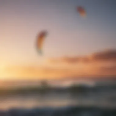 A serene sunset view of kite surfers riding the waves