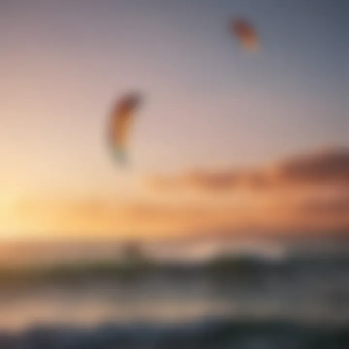 A serene sunset view of kite surfers riding the waves