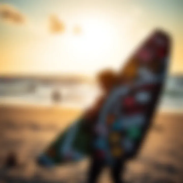 A kiteboarder displaying their uniquely stickered kite on the beach