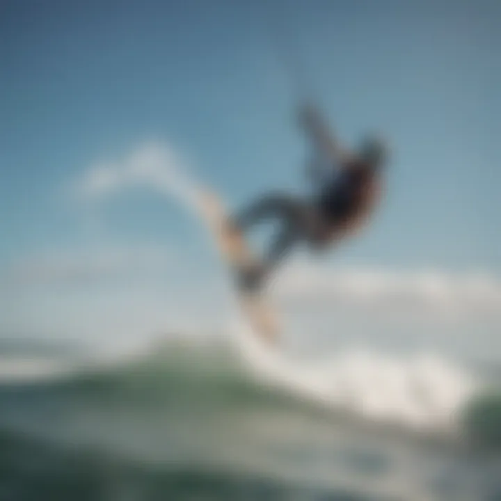 A dynamic kiteboarding action shot showcasing a rider skillfully navigating the waves.