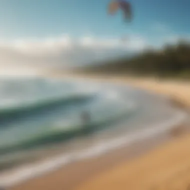 A serene beach scene with kite surfers enjoying a perfect day, illustrating ideal conditions for kiteboarding.