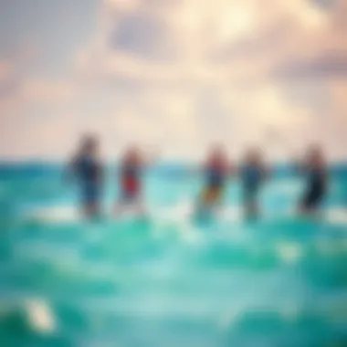 A group of kite surfers enjoying a day on the water, showcasing camaraderie and fun