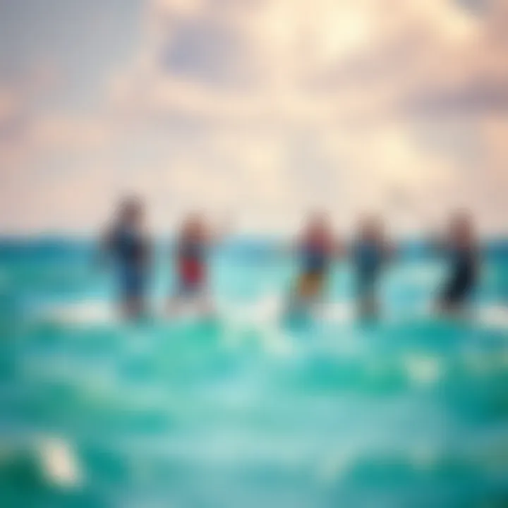 A group of kite surfers enjoying a day on the water, showcasing camaraderie and fun
