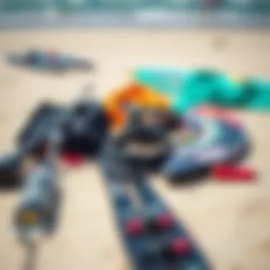 Essential Kite Surfing Gear Close-up of essential kite surfing gear laid out on the beach, showcasing the various equipment