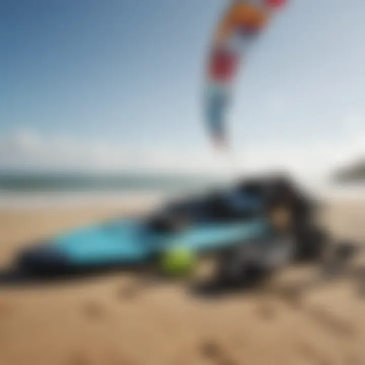 A detailed view of essential kite surfing equipment laid out on the beach