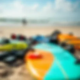 Kite surfing gear laid out on the beach