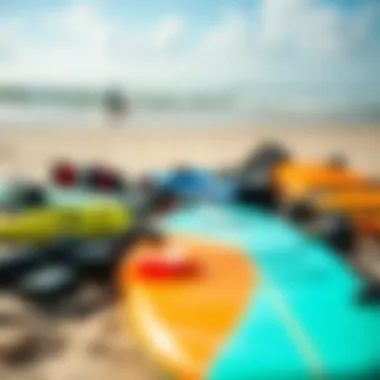 Kite surfing gear laid out on the beach