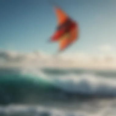 A vibrant kite soaring high above the ocean waves