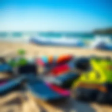 Kite Surfing Equipment Essentials A close-up of essential kite surfing gear laid out on the sand