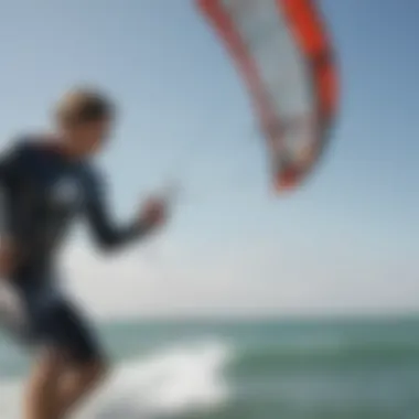 A kite surfer adjusting lines for optimal performance