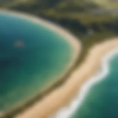 An aerial view of a beautiful coastline popular for kite surfing.