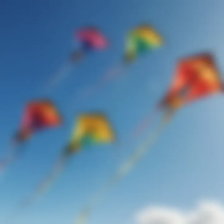 A close-up of colorful kites soaring against a clear blue sky.