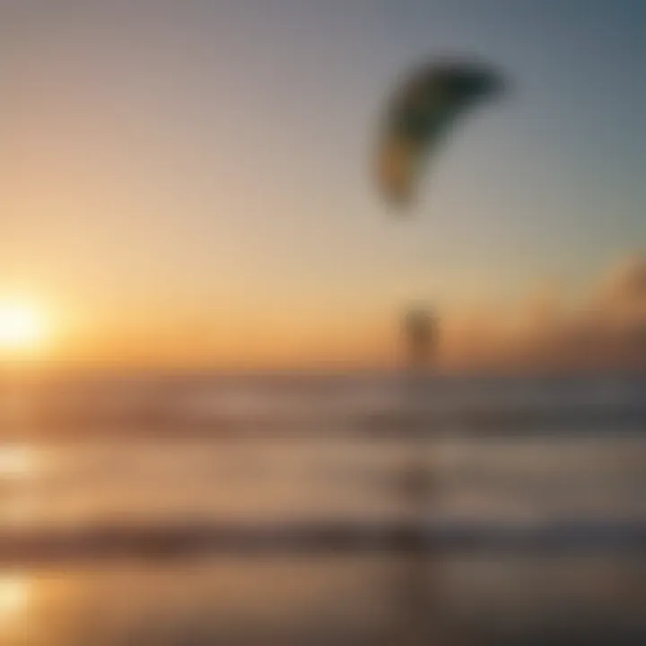 A serene sunset view showcasing kite surfers gliding across the water.