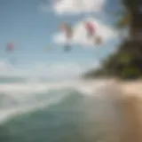 Vibrant kite surfers taking advantage of the winds at a Puerto Rican beach.