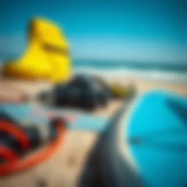Close-up of kite surfing equipment laid out on the beach