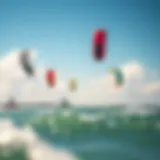 A vibrant kite surfing scene at Tampa Bay with colorful kites soaring above the water