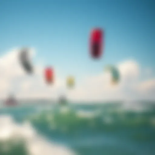 A vibrant kite surfing scene at Tampa Bay with colorful kites soaring above the water