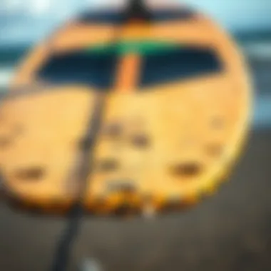 Examining the Condition of a Kiteboard Close-up of a kiteboard's underside showing wear and tear