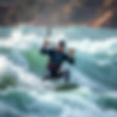 Kiteboarder navigating waves in a drysuit