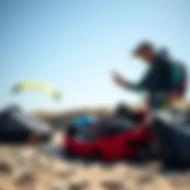 Kiteboarder packing gear into a travel bag