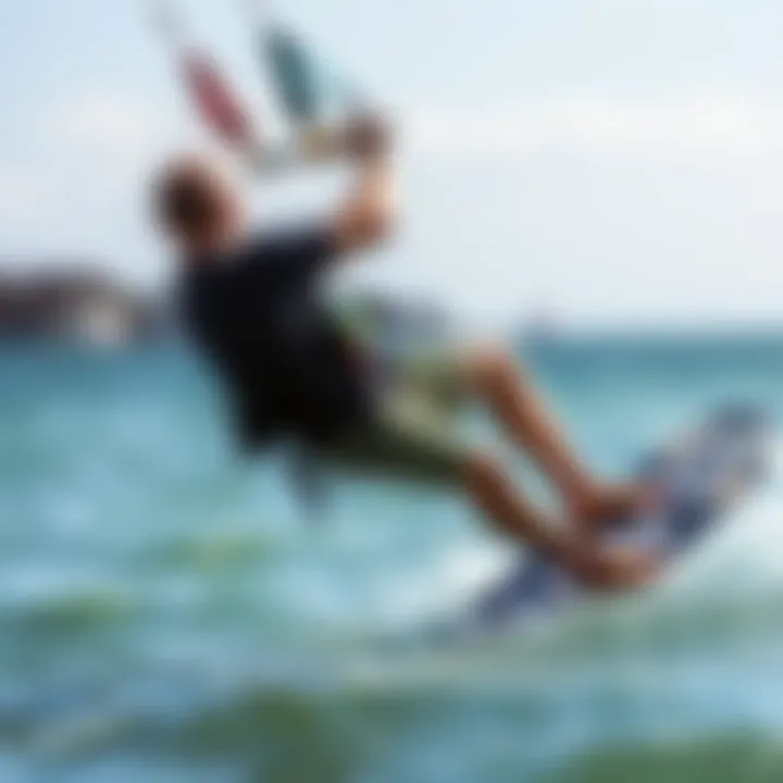 Kiteboarding with a Shorts Harness A kiteboarder wearing a shorts harness while riding on water