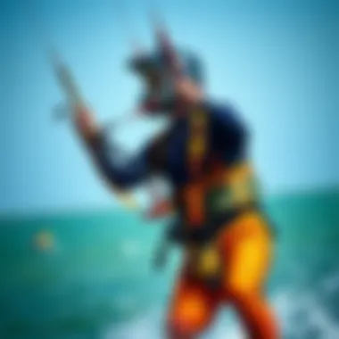 Kiteboarder demonstrating safety techniques with a harness