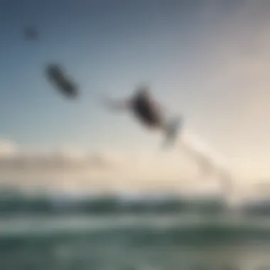 Kiteboarder soaring through the air against a backdrop of waves.