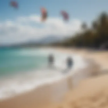 Community gathering of kiteboarding enthusiasts enjoying the beach.