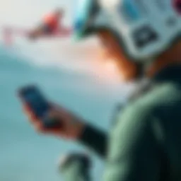 Kiteboarding enthusiast checking wind app on smartphone
