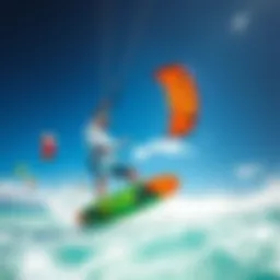 A vibrant kiteboarding scene showcasing various gear in action
