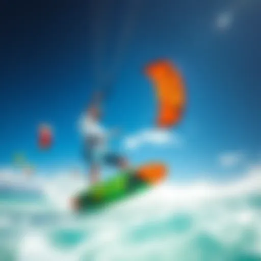 A vibrant kiteboarding scene showcasing various gear in action