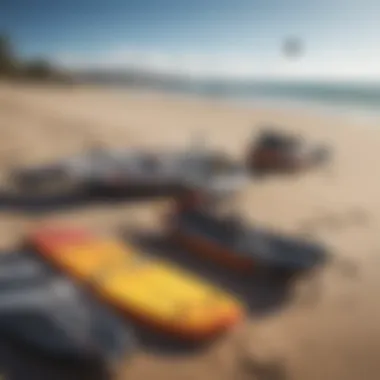 Essential Kiteboarding Equipment Kiteboarding gear laid out on the beach