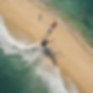 An aerial perspective of kiteboarders enjoying a sunny day at the beach