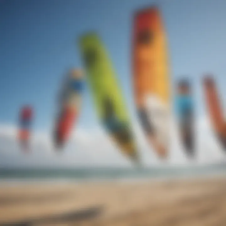 A selection of various kiteboarding kites displayed for sale in a shop