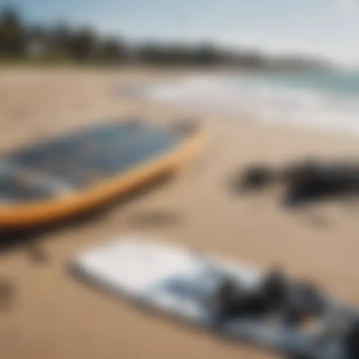 Close-up of kiteboarding equipment laid out on the beach