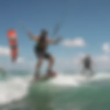 A group of enthusiastic kiteboarders enjoying the waves